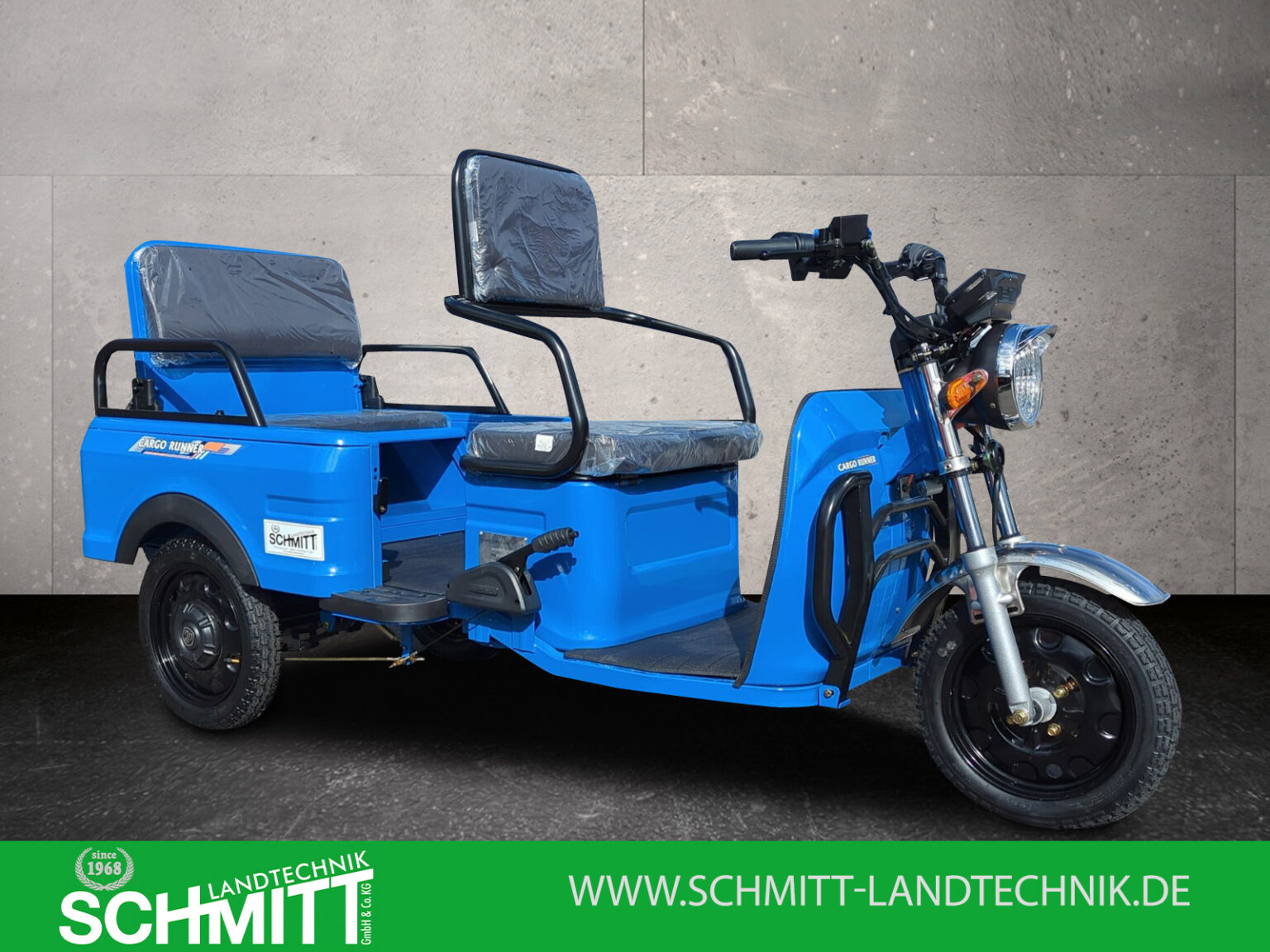 Seitenansicht Cargo Runner Rikscha in Blau mit zwei Sitzplätzen